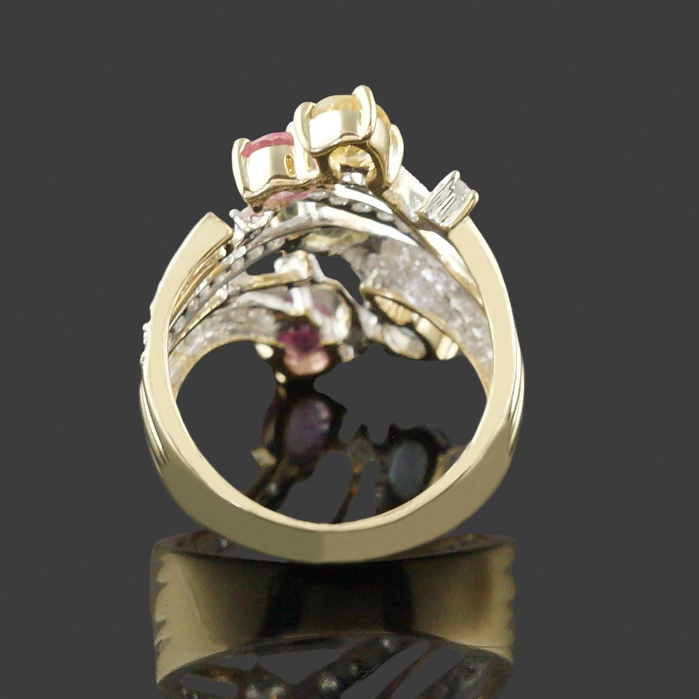 Solid 14K Yellow Gold Filigree Multi Color Sapphire & Pave Diamond Cocktail Ring, Olde Towne Jewelers, Santa Rosa CA.