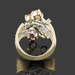 Solid 14K Yellow Gold Filigree Multi Color Sapphire & Pave Diamond Cocktail Ring, Olde Towne Jewelers, Santa Rosa CA.