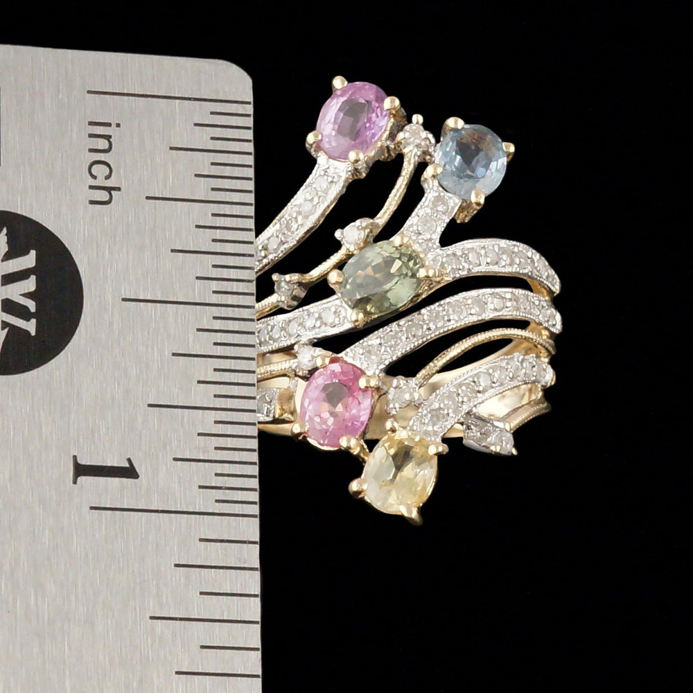 Solid 14K Yellow Gold Filigree Multi Color Sapphire & Pave Diamond Cocktail Ring, Olde Towne Jewelers, Santa Rosa CA.