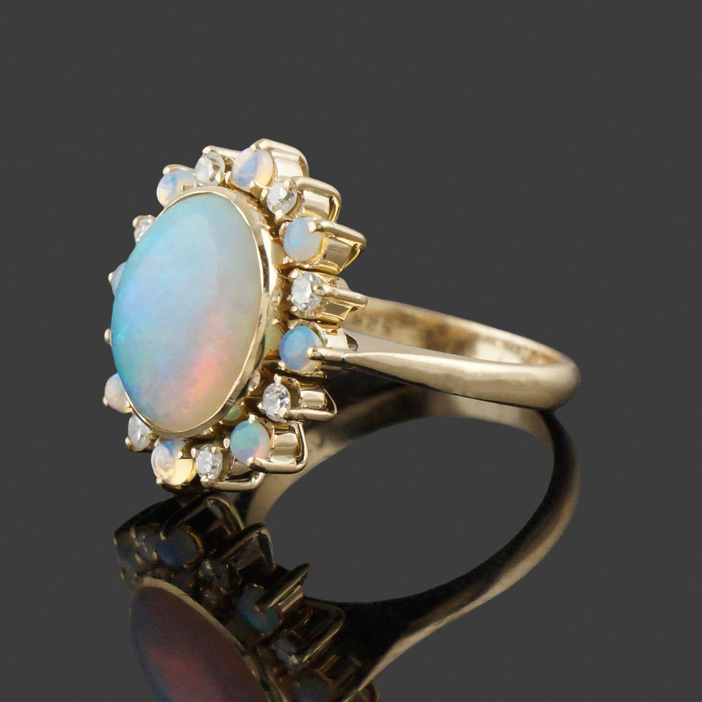 Solid 14K Yellow Gold, Oval Opal Cabochon & Diamond Halo Estate Cocktail Ring