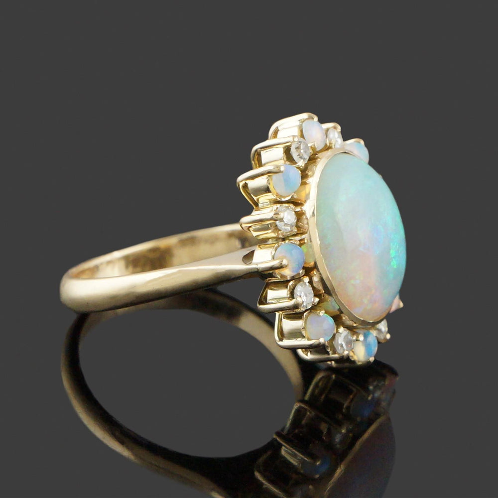 Solid 14K Yellow Gold, Oval Opal Cabochon & Diamond Halo Estate Cocktail Ring, Olde Towne Jewelers, Santa Rosa CA.