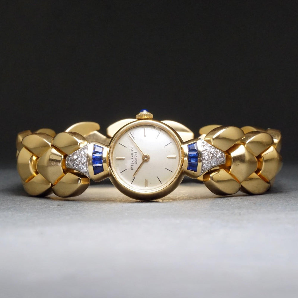 Vintage Patek Philippe Solid 18K Gold Diamond & Sapphire Lady's Bracelet Watch, Olde Towne Jewelers, Santa Rosa CA.