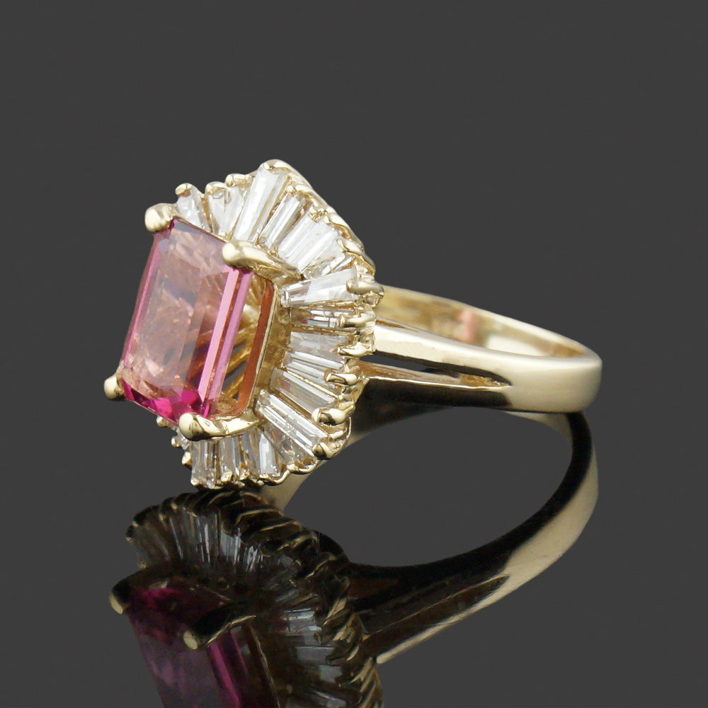 Solid 14K Gold, 2.75 Ct Pink Tourmaline & 1.60 CTW Baguette Diamond Halo Ring