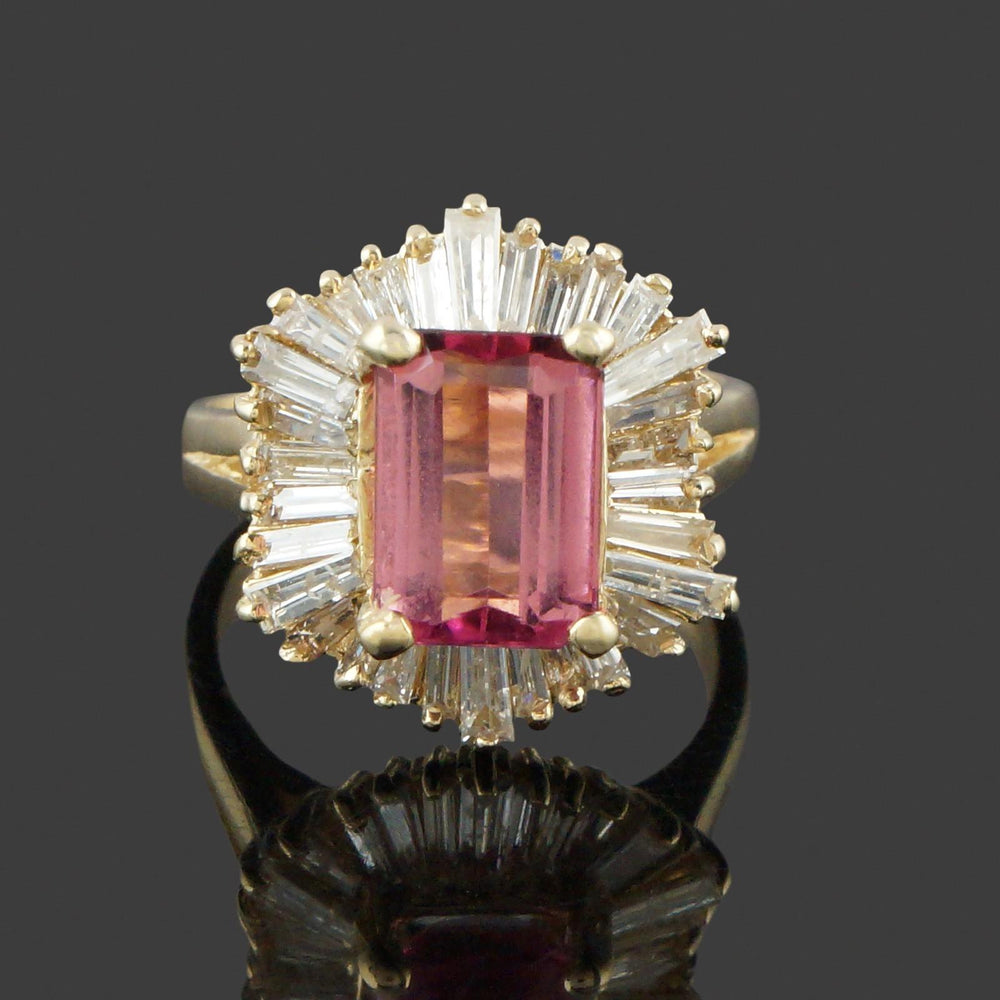 Solid 14K Gold, 2.75 Ct Pink Tourmaline & 1.60 CTW Baguette Diamond Halo Ring, Olde Towne Jewelers, Santa Rosa CA.