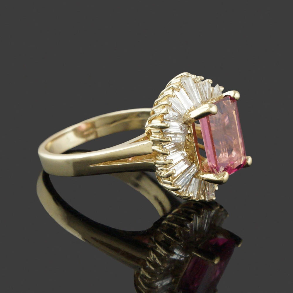 Solid 14K Gold, 2.75 Ct Pink Tourmaline & 1.60 CTW Baguette Diamond Halo Ring, Olde Towne Jewelers, Santa Rosa CA.
