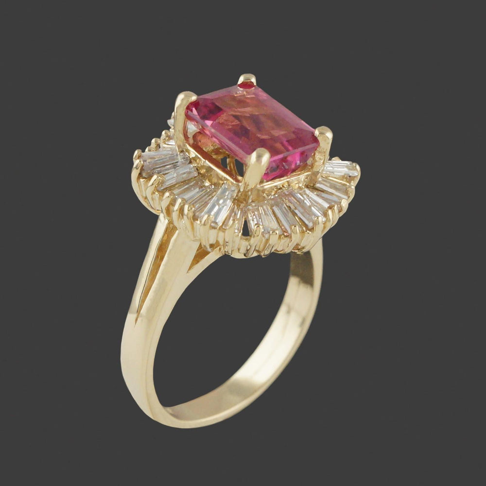 Solid 14K Gold, 2.75 Ct Pink Tourmaline & 1.60 CTW Baguette Diamond Halo Ring, Olde Towne Jewelers, Santa Rosa CA.