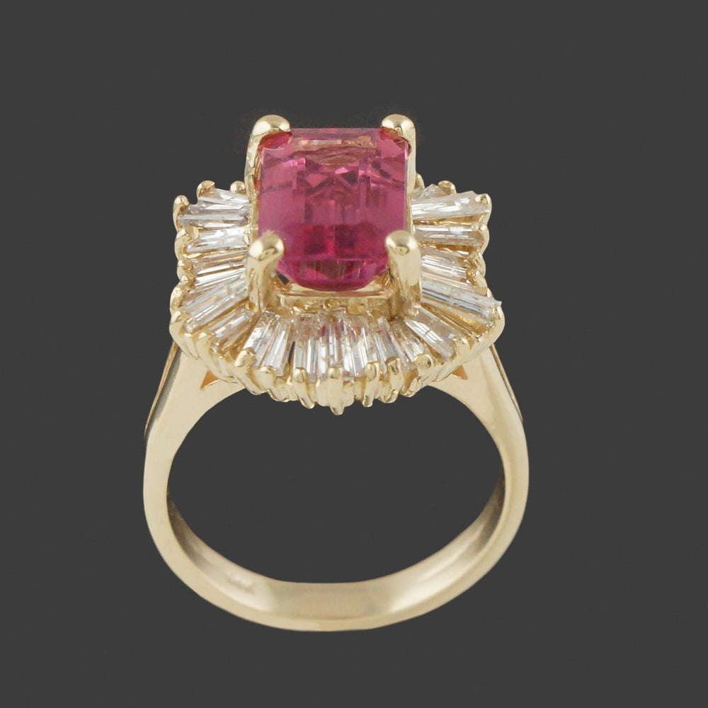 Solid 14K Gold, 2.75 Ct Pink Tourmaline & 1.60 CTW Baguette Diamond Halo Ring, Olde Towne Jewelers, Santa Rosa CA.