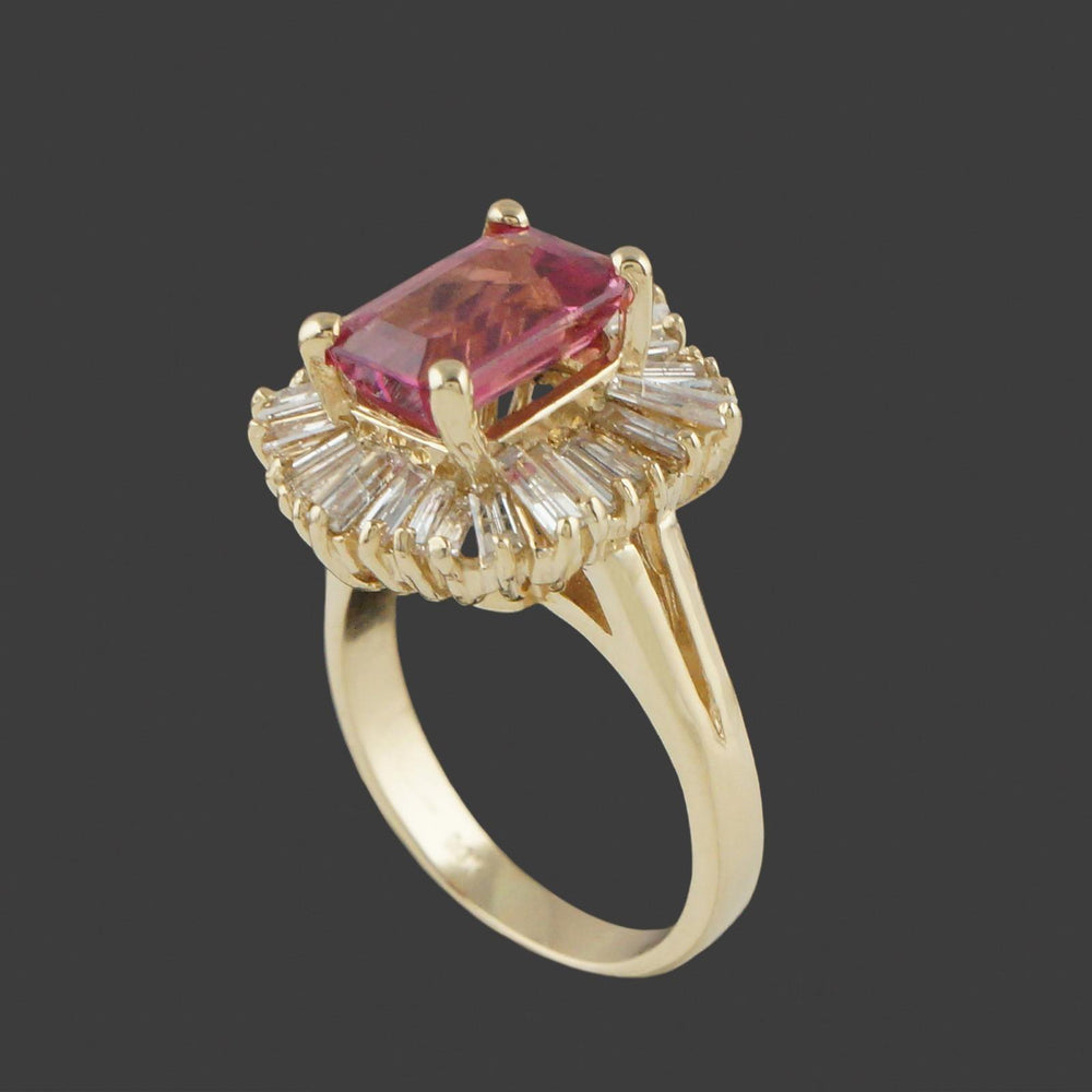 Solid 14K Gold, 2.75 Ct Pink Tourmaline & 1.60 CTW Baguette Diamond Halo Ring, Olde Towne Jewelers, Santa Rosa CA.