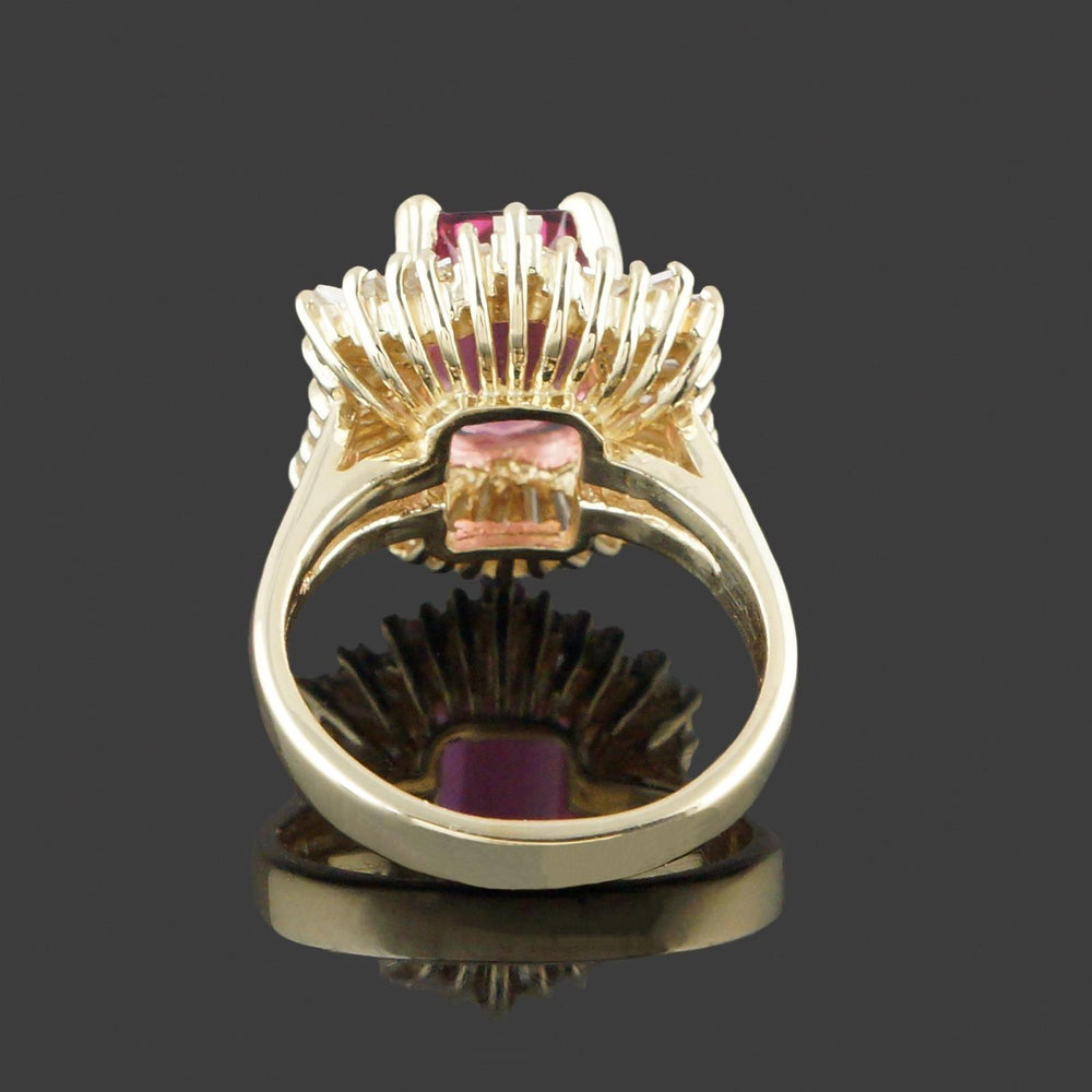 Solid 14K Gold, 2.75 Ct Pink Tourmaline & 1.60 CTW Baguette Diamond Halo Ring, Olde Towne Jewelers, Santa Rosa CA.