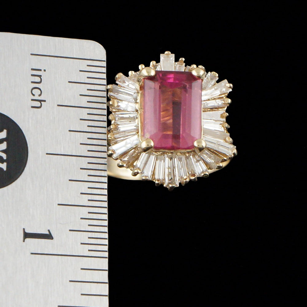Solid 14K Gold, 2.75 Ct Pink Tourmaline & 1.60 CTW Baguette Diamond Halo Ring, Olde Towne Jewelers, Santa Rosa CA.