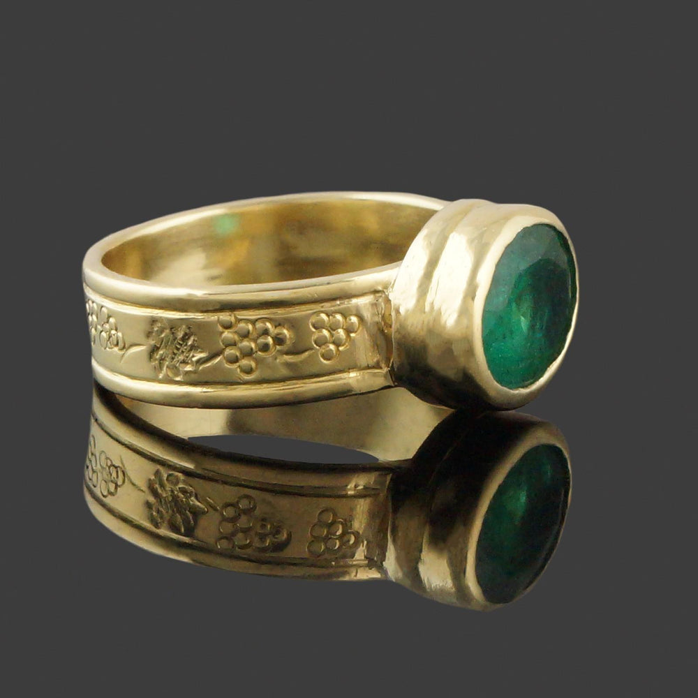 Solid 22K Gold, 2.10 Ct Bezel Set Rough Cut Oval Emerald Grape Vine Motif Ring, Olde Towne Jewelers, Santa Rosa CA.