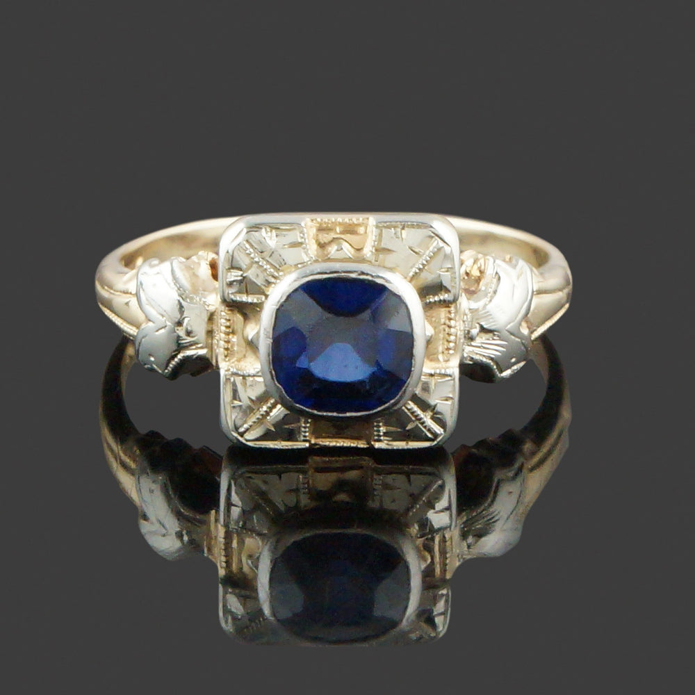 Art Deco Engraved Two Tone Solid 14K Gold & Cushion Sapphire Estate Ring