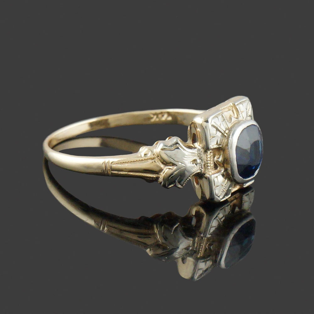 Art Deco Engraved Two Tone Solid 14K Gold & Cushion Sapphire Estate Ring, Olde Towne Jewelers, Santa Rosa CA.