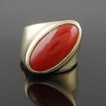 Massive Modernist Solid 18K Yellow Gold & Oval Coral Cabochon Estate Ring