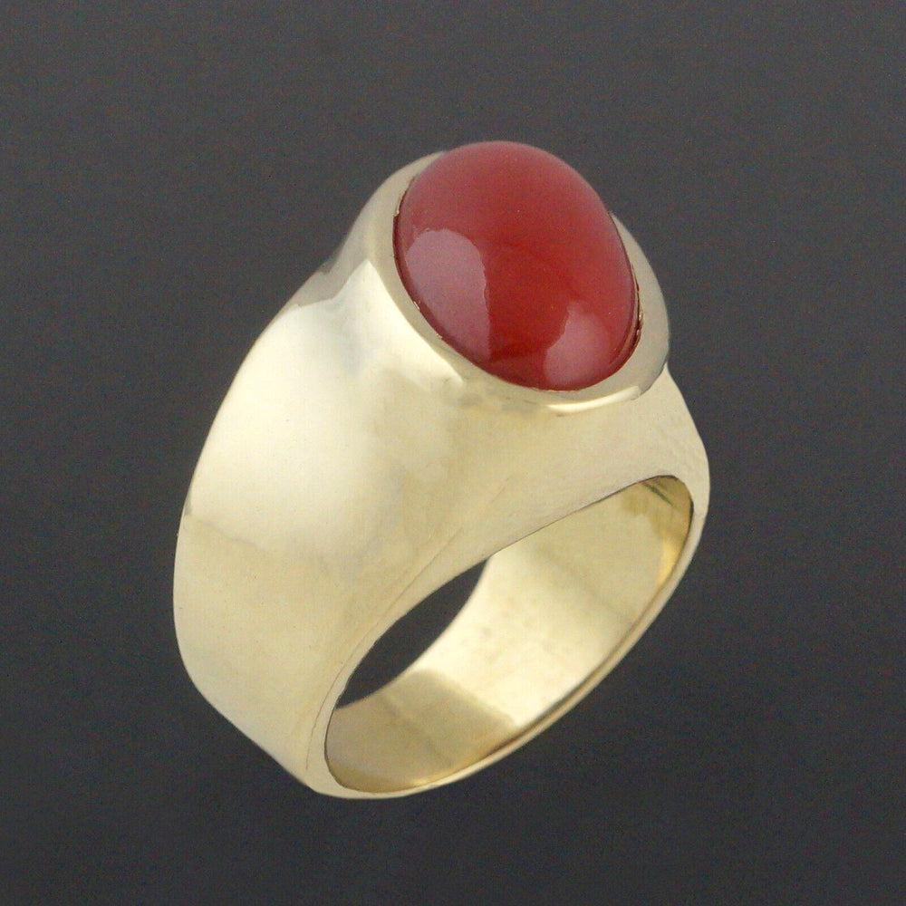 Massive Modernist Solid 18K Yellow Gold & Oval Coral Cabochon Estate Ring, Olde Towne Jewelers, Santa Rosa CA.