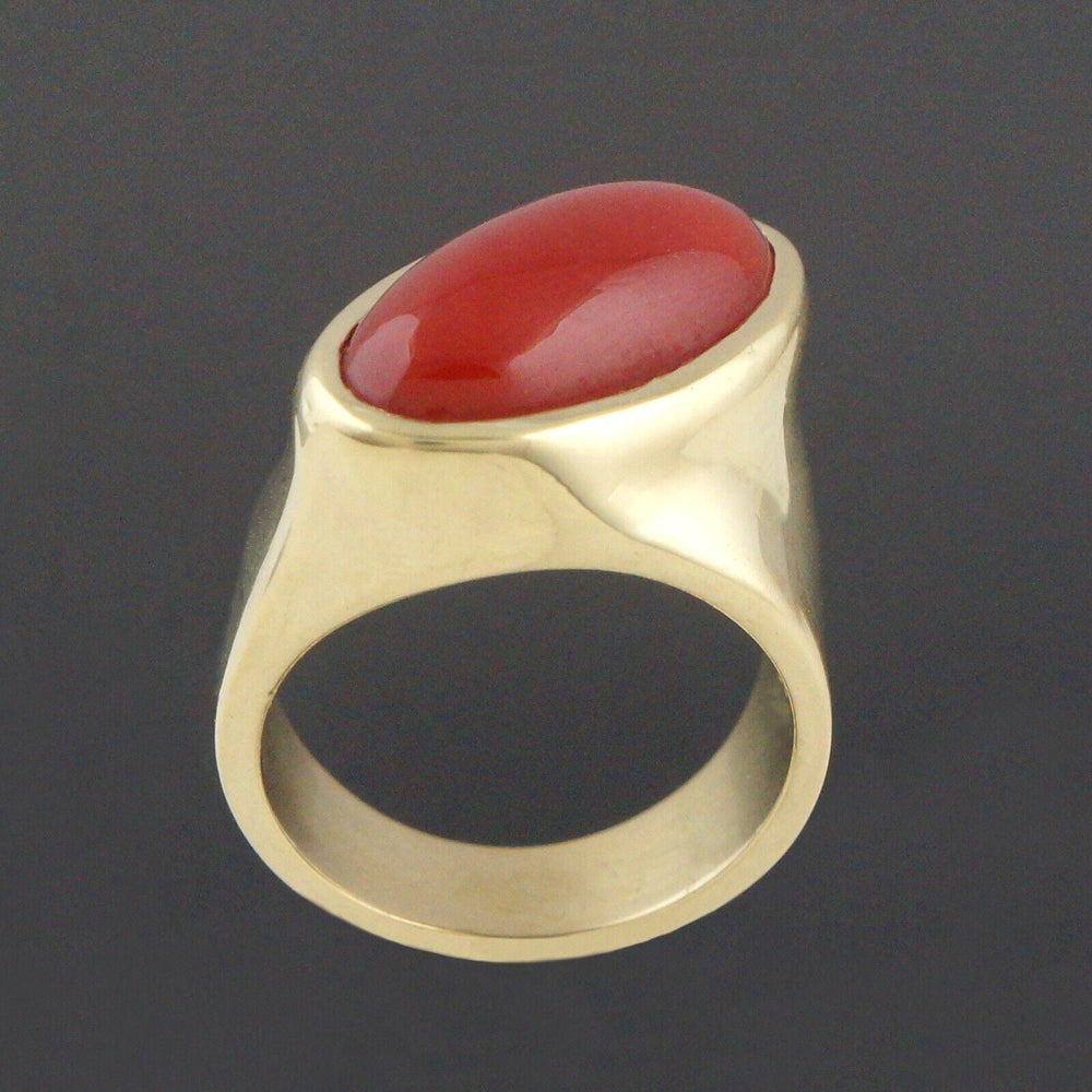 Massive Modernist Solid 18K Yellow Gold & Oval Coral Cabochon Estate Ring, Olde Towne Jewelers, Santa Rosa CA.