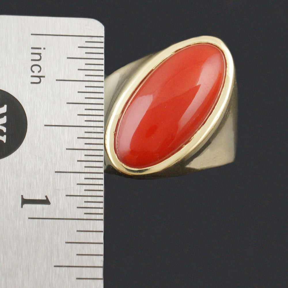 Massive Modernist Solid 18K Yellow Gold & Oval Coral Cabochon Estate Ring, Olde Towne Jewelers, Santa Rosa CA.