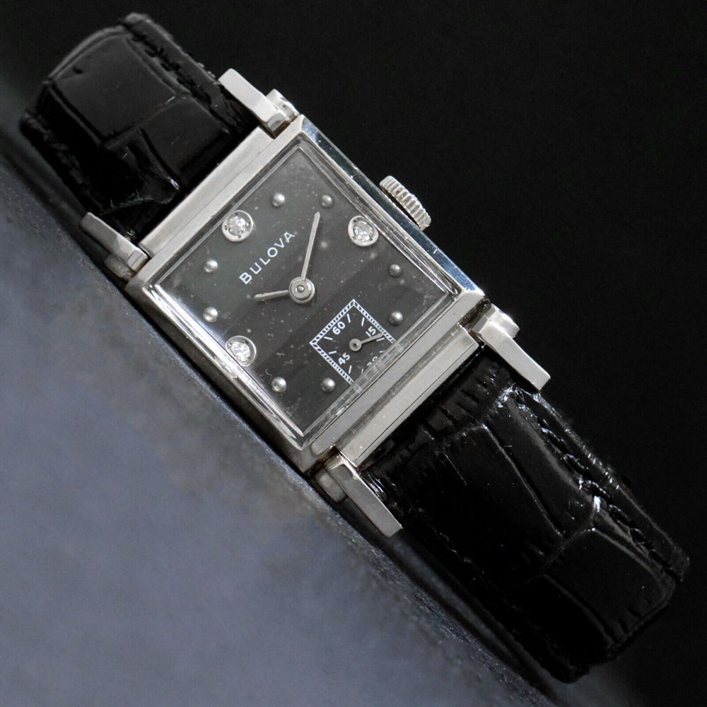 Rare 1950s Bulova Solid 14K White Gold Flexible Lug Diamond Dial Driver's Watch