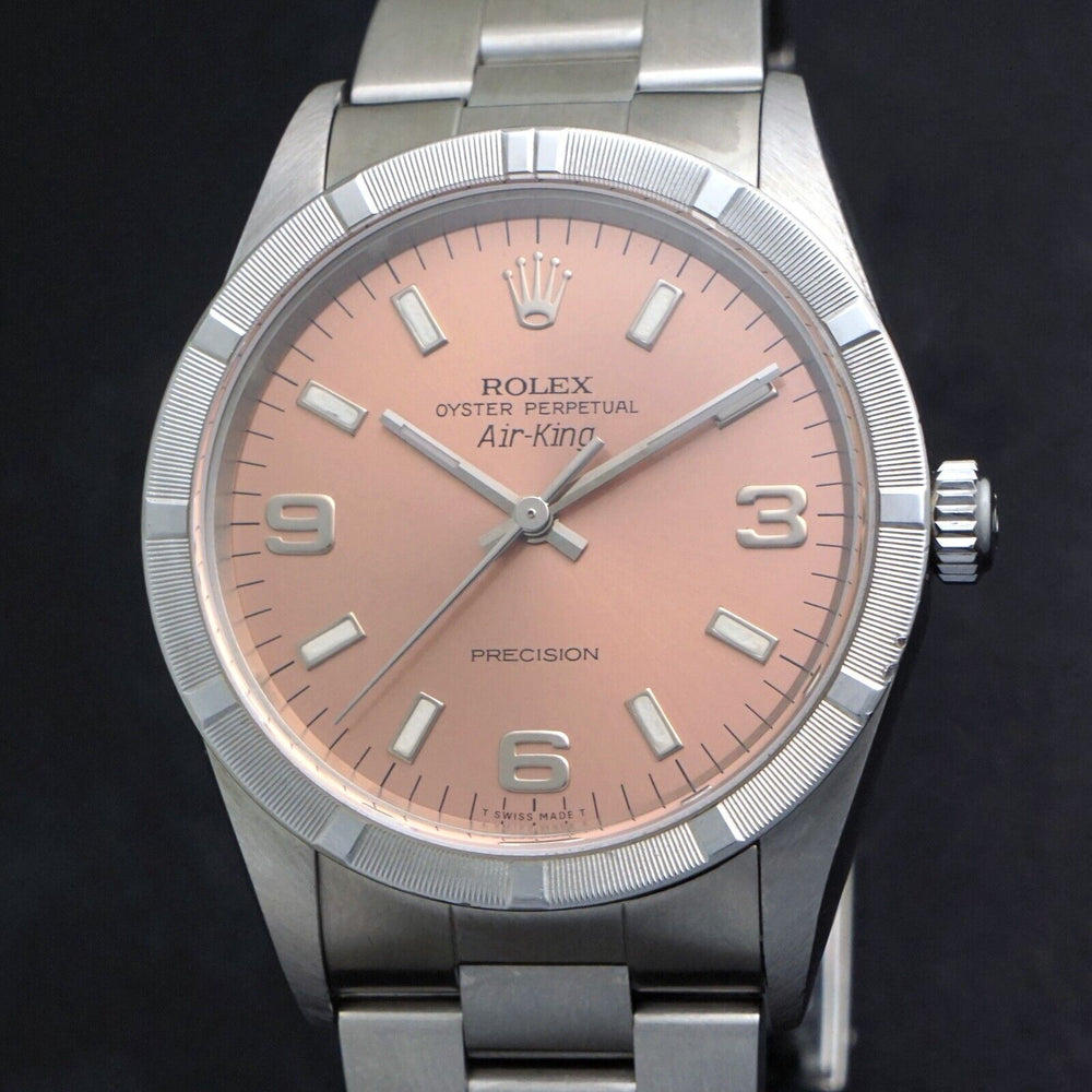 Stunning 2000 Rolex 14010 Air King Stainless Steel Pink Dial Engine Turned Watch, Olde Towne Jewelers, Santa Rosa CA.