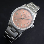 Stunning 2000 Rolex 14010 Air King Stainless Steel Pink Dial Engine Turned Watch, Olde Towne Jewelers, Santa Rosa CA.