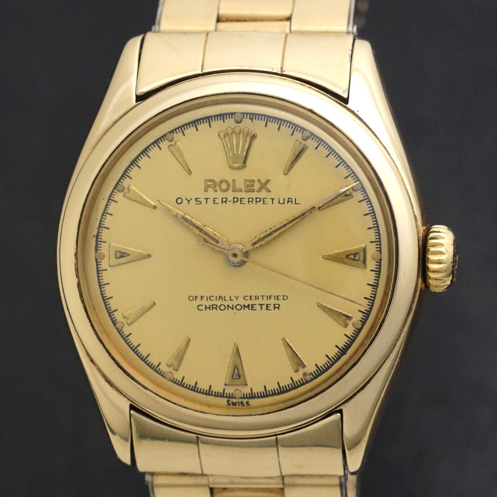 Stunning 1950s Rolex 6084 Solid 14K Gold Semi Bubbleback Watch GF Bracelet XLNT Olde Towne Jewelers, Santa Rosa CA.