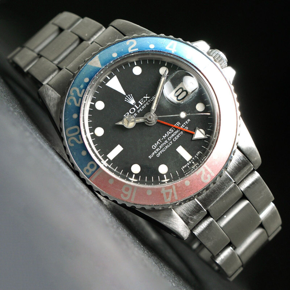 Stunning 1978 Rolex 1675 GMT Master Stainless Steel Man's Watch Faded Pepsi, Olde Towne Jewelers, Santa Rosa CA.