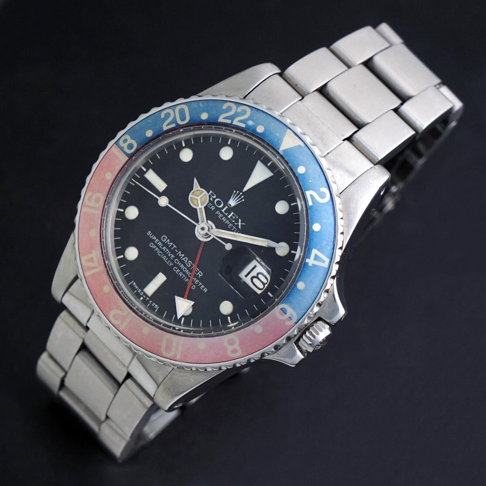 Stunning 1978 Rolex 1675 GMT Master Stainless Steel Man's Watch Faded Pepsi, Olde Towne Jewelers, Santa Rosa CA.