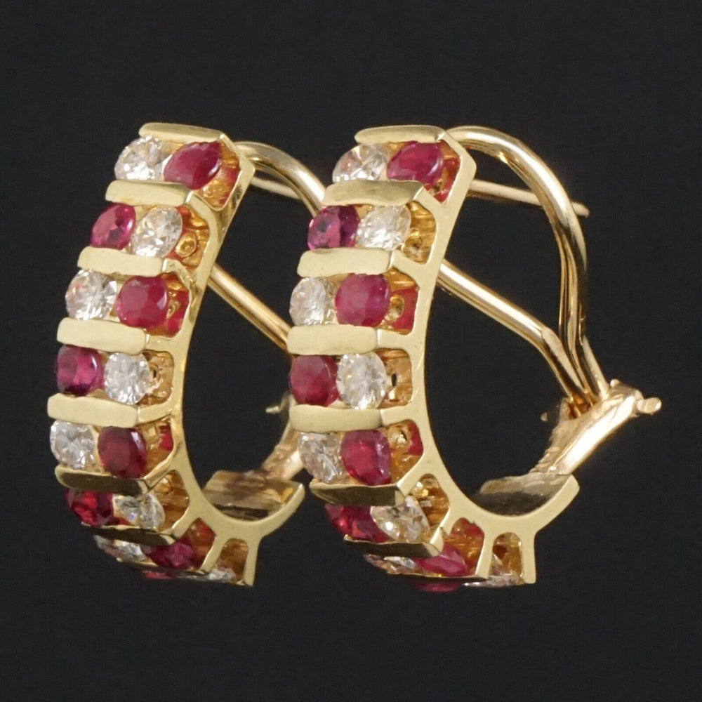 Solid 14K Yellow Gold 2.40 CTW Ruby & 1.76 CTW Diamond 3/4" Huggie Hoop Earrings, Olde Towne Jewelers, Santa Rosa CA.