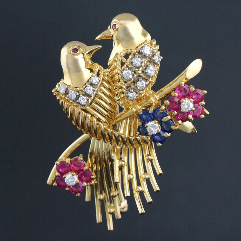 Solid 18K Yellow Gold Love Birds, Ruby, Sapphire & Diamond Floral Pin, Brooch, Olde Towne Jewelers, Santa Rosa CA.