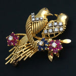 Solid 18K Yellow Gold Love Birds, Ruby, Sapphire & Diamond Floral Pin, Brooch, Olde Towne Jewelers, Santa Rosa CA.