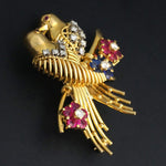 Solid 18K Yellow Gold Love Birds, Ruby, Sapphire & Diamond Floral Pin, Brooch, Olde Towne Jewelers, Santa Rosa CA.