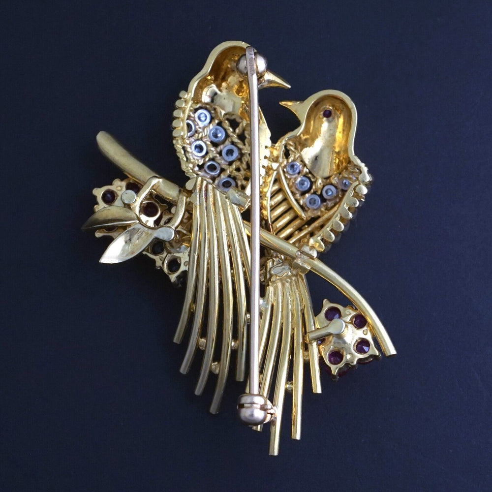 Solid 18K Yellow Gold Love Birds, Ruby, Sapphire & Diamond Floral Pin, Brooch, Olde Towne Jewelers, Santa Rosa CA.