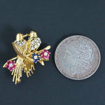 Solid 18K Yellow Gold Love Birds, Ruby, Sapphire & Diamond Floral Pin, Brooch, Olde Towne Jewelers, Santa Rosa CA.