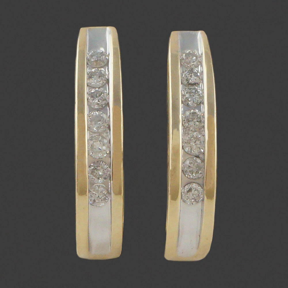 Modernist Two Tone Solid 14K Gold & Diamond 3/4" J Half Hoop Estate Earrings