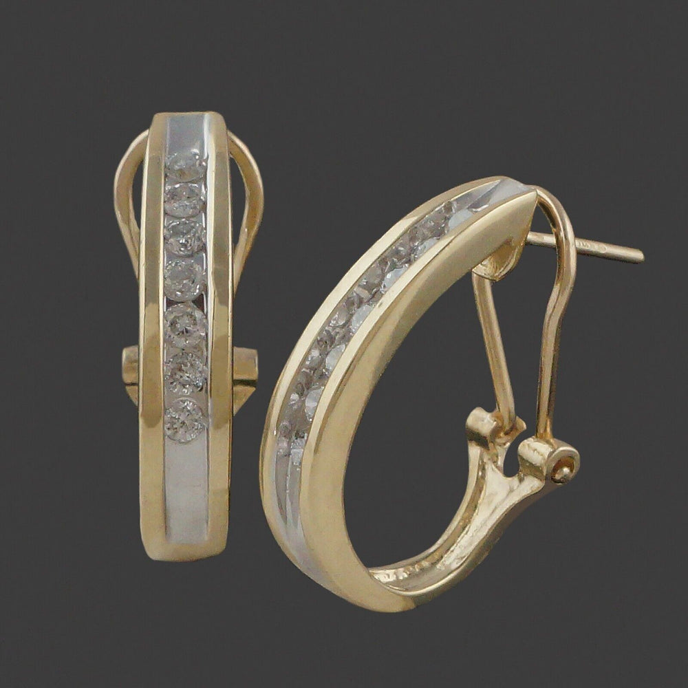 Modernist Two Tone Solid 14K Gold & Diamond 3/4" J Half Hoop Estate Earrings, Olde Towne Jewelers, Santa Rosa CA.