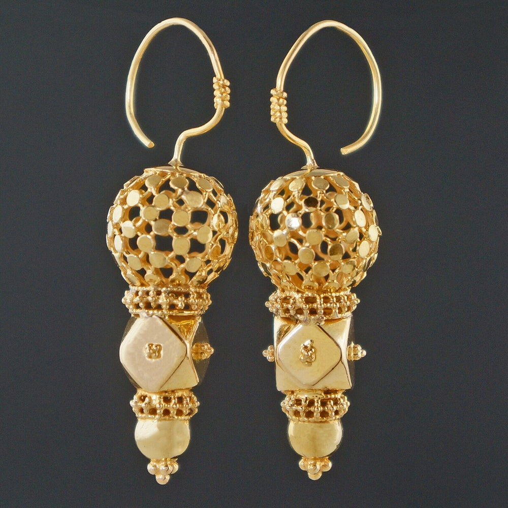 Etruscan Revival Solid 18K Yellow Gold Geometric Filigree Drop Dangle Earrings, Olde Towne Jewelers, Santa Rosa CA.