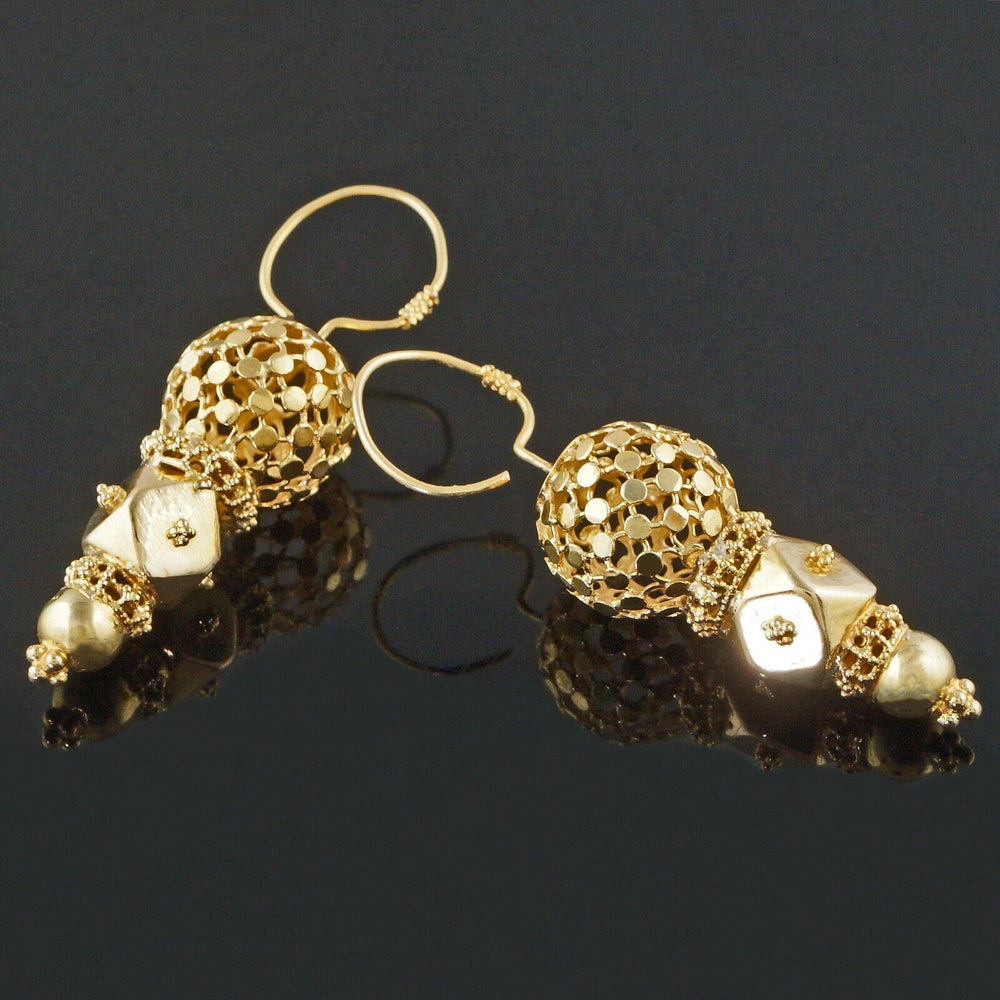 Etruscan Revival Solid 18K Yellow Gold Geometric Filigree Drop Dangle Earrings, Olde Towne Jewelers, Santa Rosa CA.