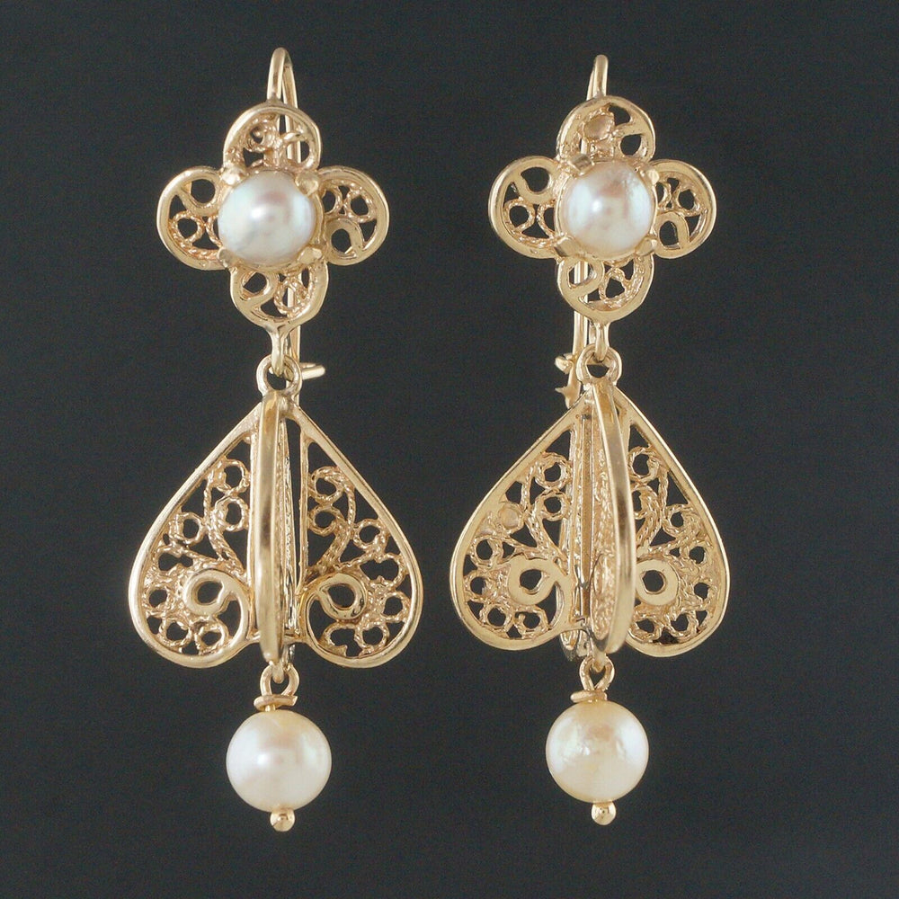 Modern Etruscan Solid 14K Yellow Gold Filigree & Pearl Estate Dangle Earrings