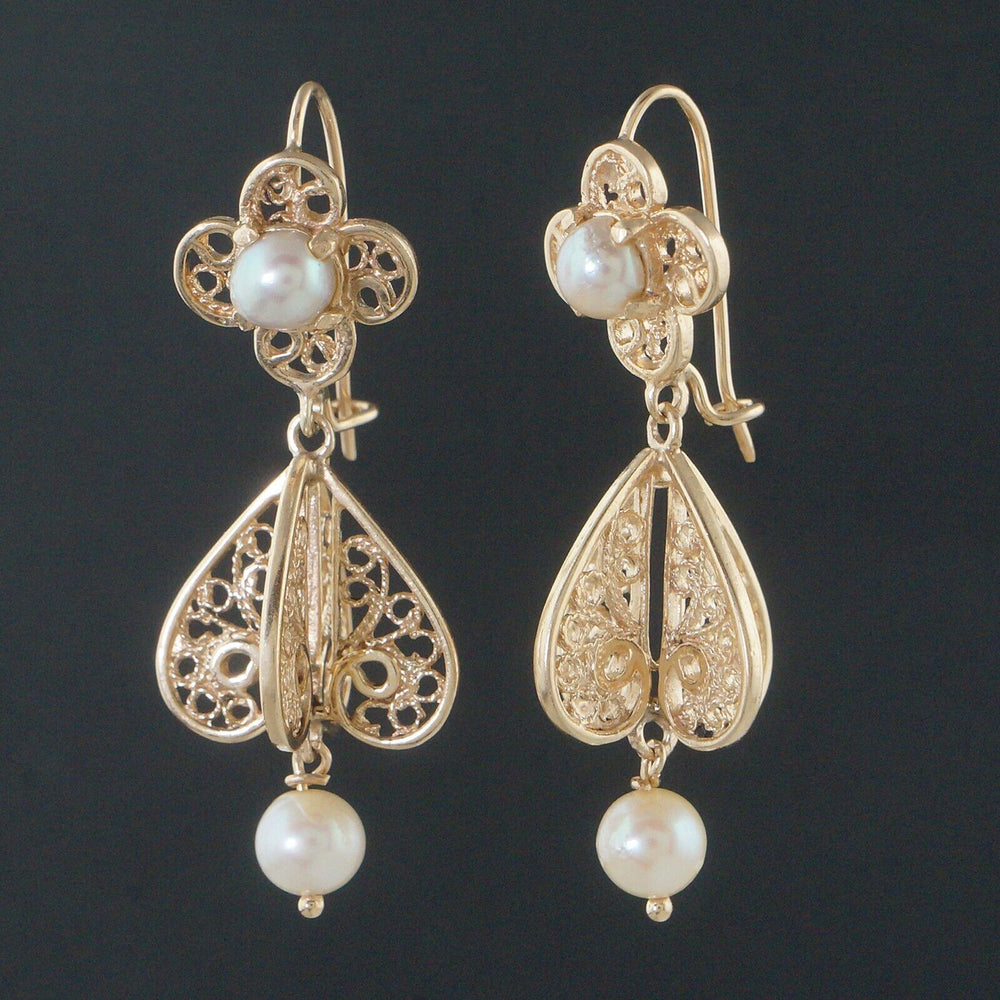 Modern Etruscan Solid 14K Yellow Gold Filigree & Pearl Estate Dangle Earrings, Olde Towne Jewelers, Santa Rosa CA.