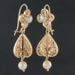 Modern Etruscan Solid 14K Yellow Gold Filigree & Pearl Estate Dangle Earrings, Olde Towne Jewelers, Santa Rosa CA.