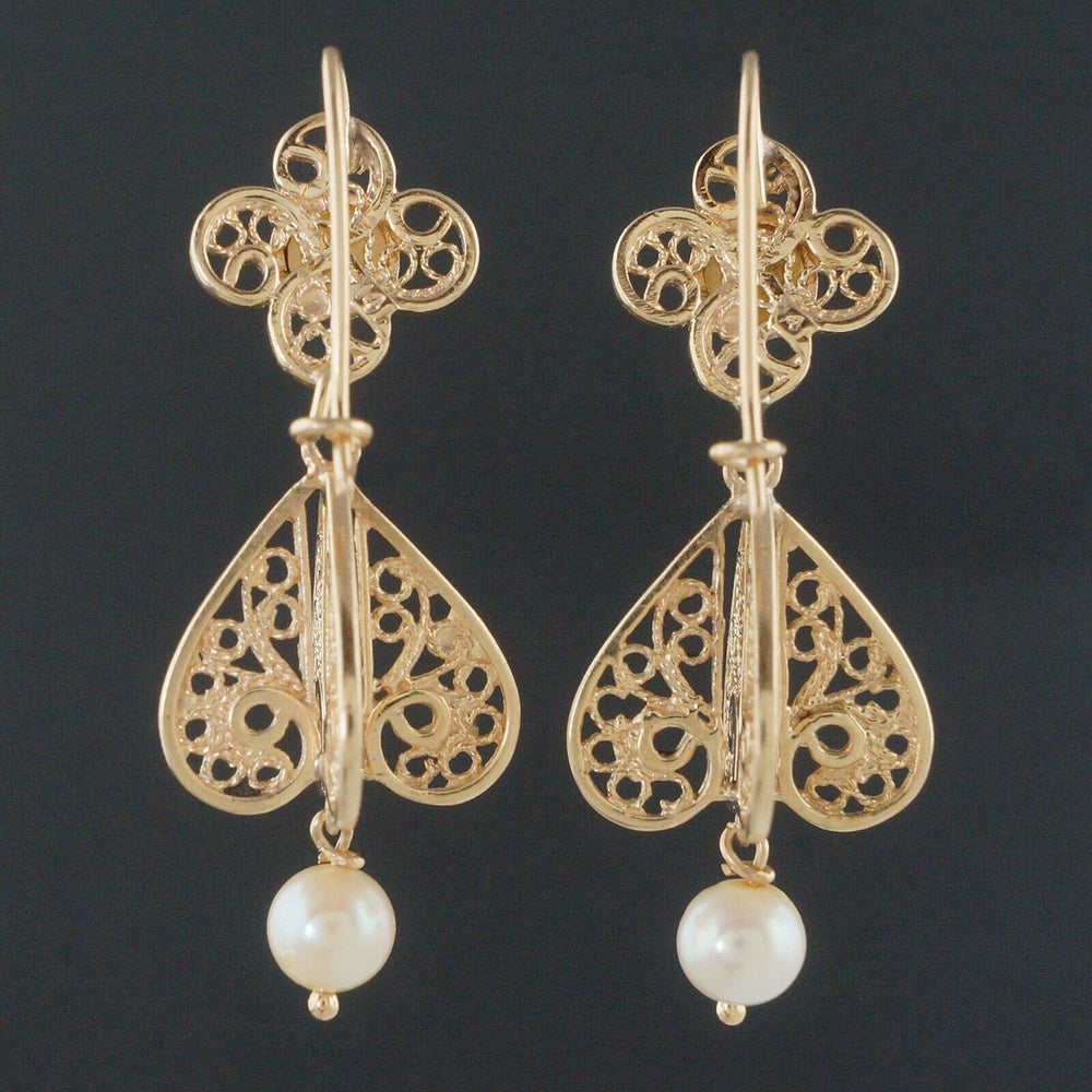 Modern Etruscan Solid 14K Yellow Gold Filigree & Pearl Estate Dangle Earrings, Olde Towne Jewelers, Santa Rosa CA.