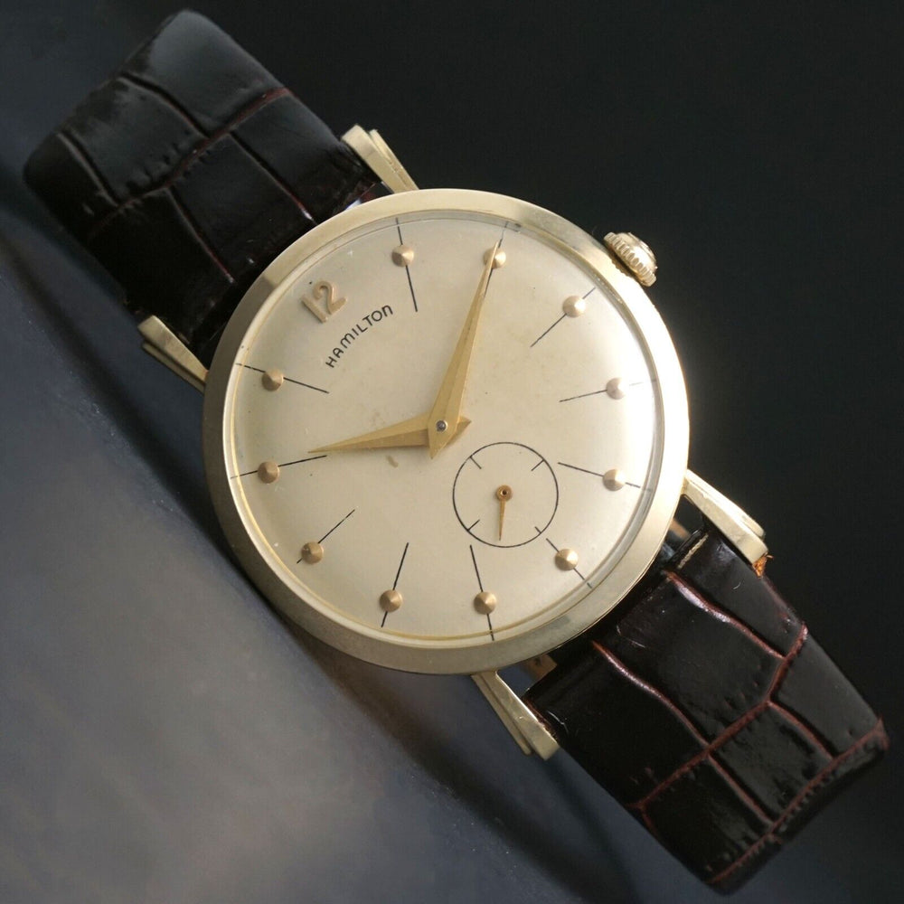 Stunning Hamilton Solid 14K Yellow Gold Man's Fancy Lug Dress Watch – Olde Towne Jewelers Stunning Hamilton Solid 14K Yellow Gold Man's Fancy Lug Dress Watch – Olde Towne Jewelers