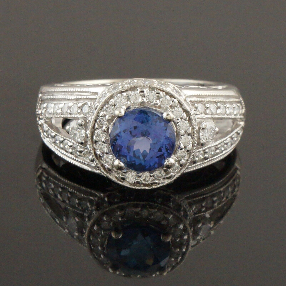 Solid 14K White Gold, Tanzanite & Diamond Halo Filigree Wedding Engagement Ring