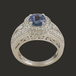 Solid 14K White Gold, Tanzanite & Diamond Halo Filigree Wedding Engagement Ring, Olde Towne Jewelers, Santa Rosa CA.