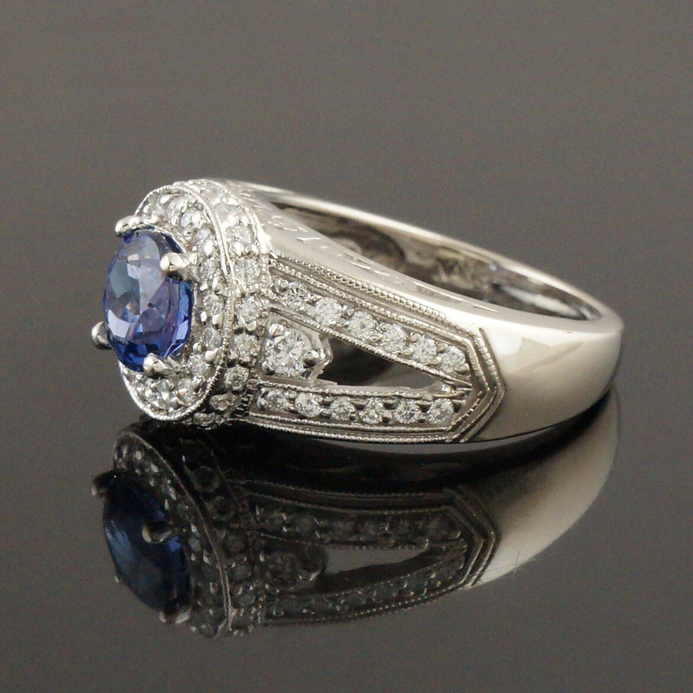 Solid 14K White Gold, Tanzanite & Diamond Halo Filigree Wedding Engagement Ring, Olde Towne Jewelers, Santa Rosa CA.