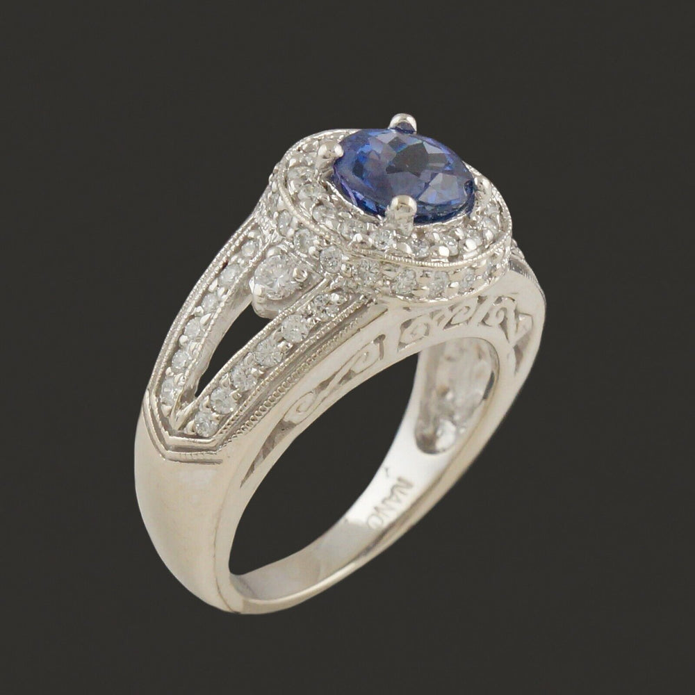 Solid 14K White Gold, Tanzanite & Diamond Halo Filigree Wedding Engagement Ring, Olde Towne Jewelers, Santa Rosa CA.