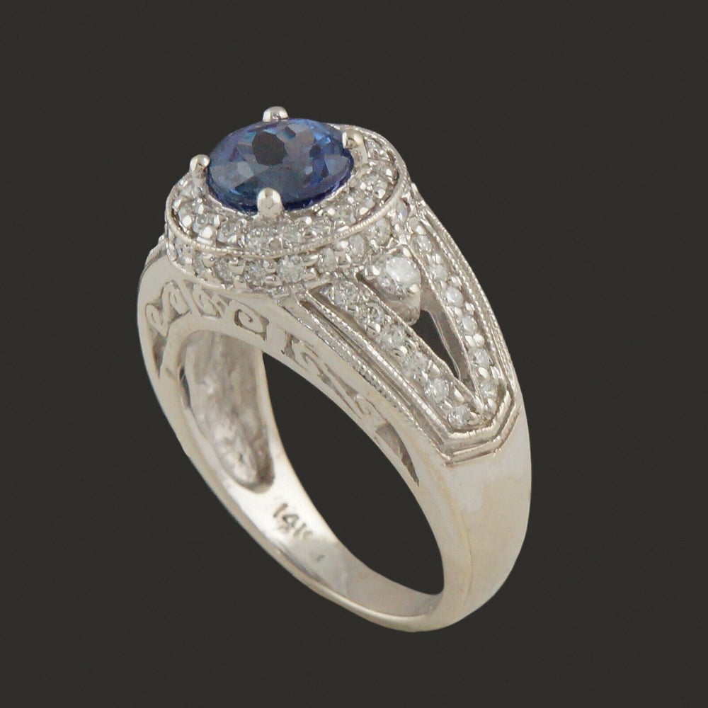 Solid 14K White Gold, Tanzanite & Diamond Halo Filigree Wedding Engagement Ring, Olde Towne Jewelers, Santa Rosa CA.