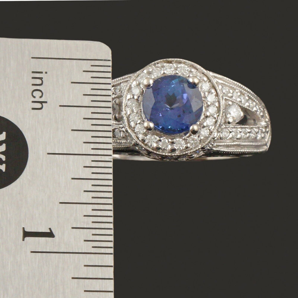 Solid 14K White Gold, Tanzanite & Diamond Halo Filigree Wedding Engagement Ring, Olde Towne Jewelers, Santa Rosa CA.