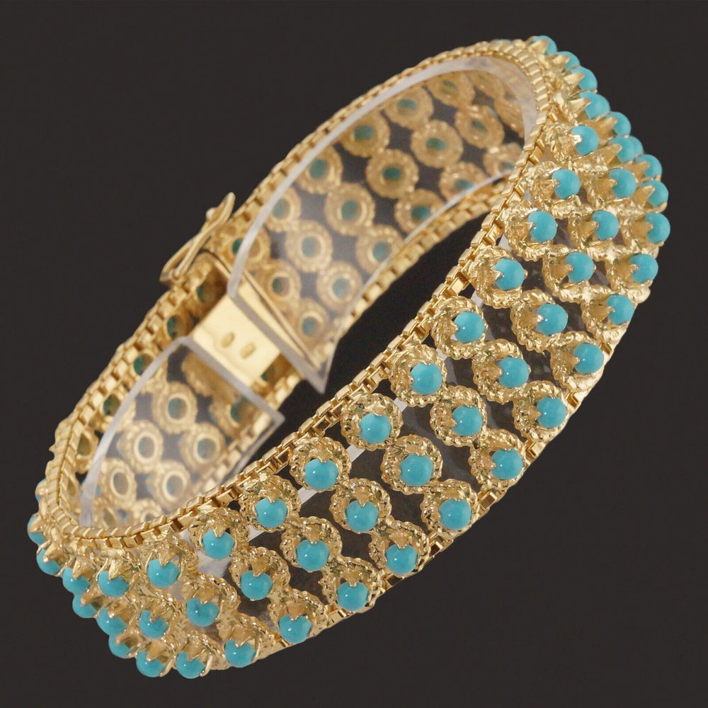 Etruscan Solid 18K Yellow Gold Persian Turquoise Cabochon 7.25" Estate Bracelet, Olde Towne Jewelers, Santa Rosa CA.