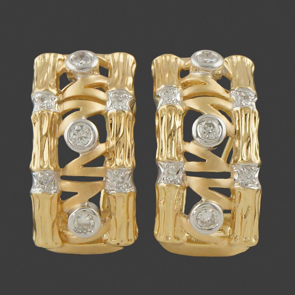 Modernist Solid 18K Yellow Gold & .40 CTW Diamond Bamboo Motif Huggie Earrings